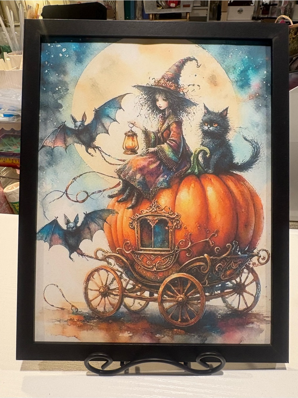 Witch and Cat Pumpkin Carriage Framed 8x10 Wall Art